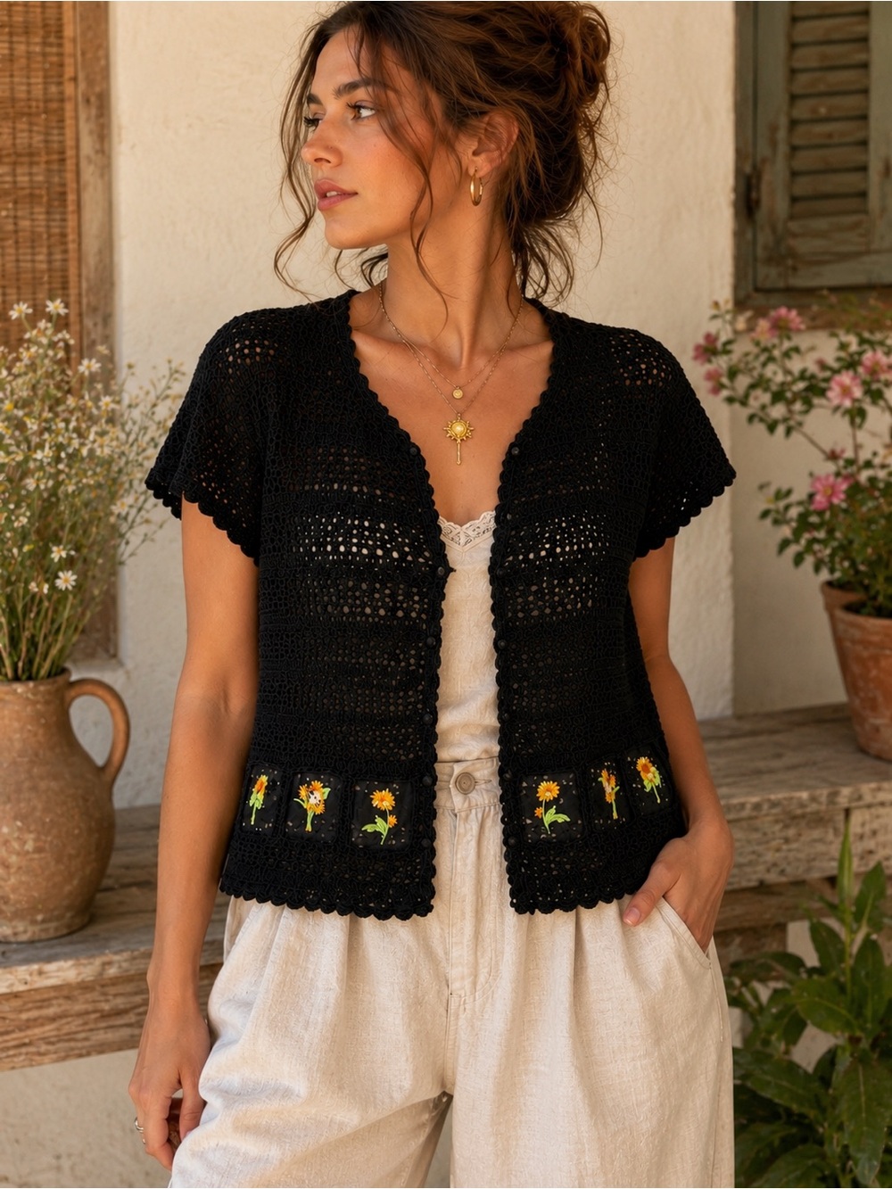 Vintage Black Crochet Cardigan Sunflower Embroidered Boho Cottagecore XL